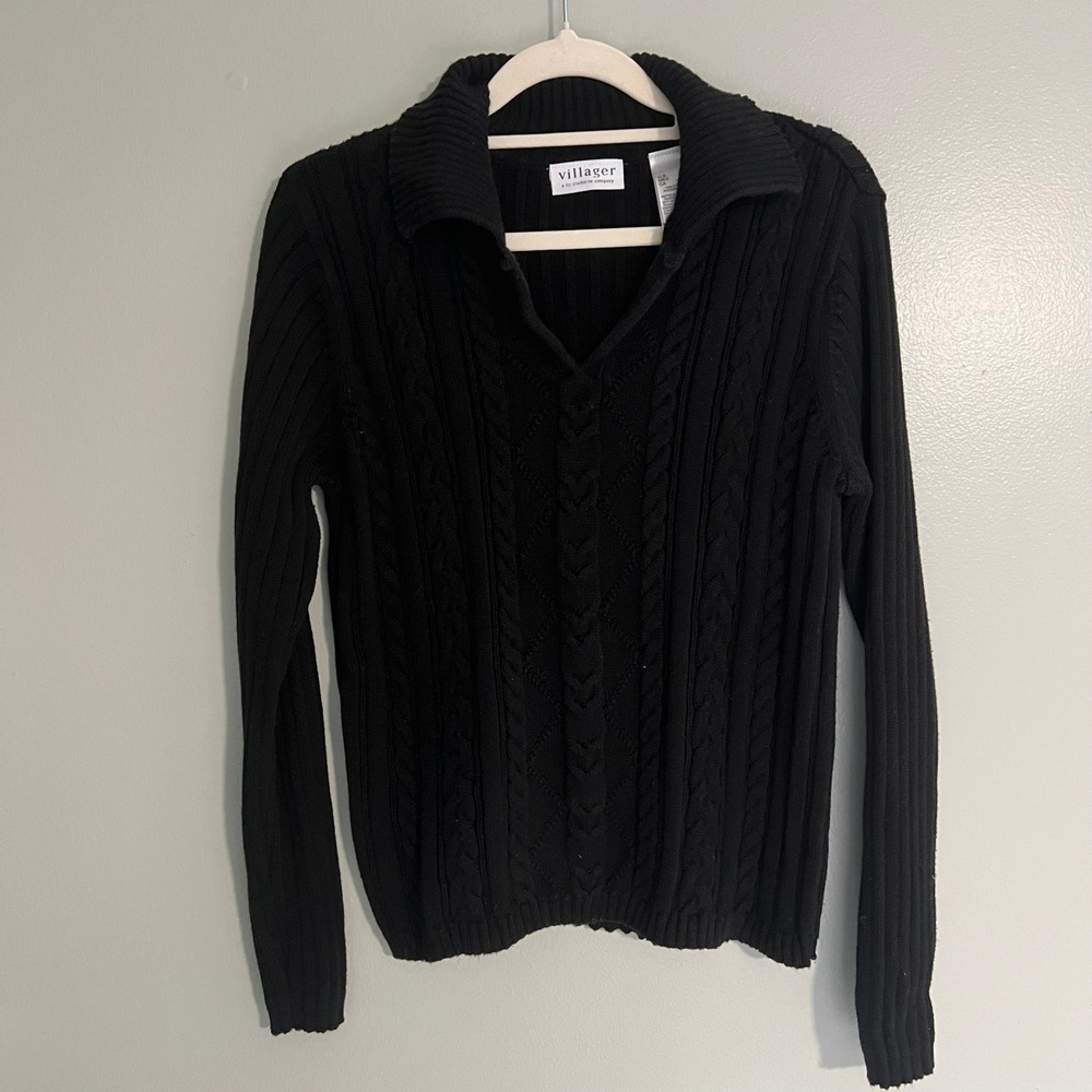 Villager Liz Claiborne Black Cable Knit Sweater Collared V-Neck Cotton Womens S
